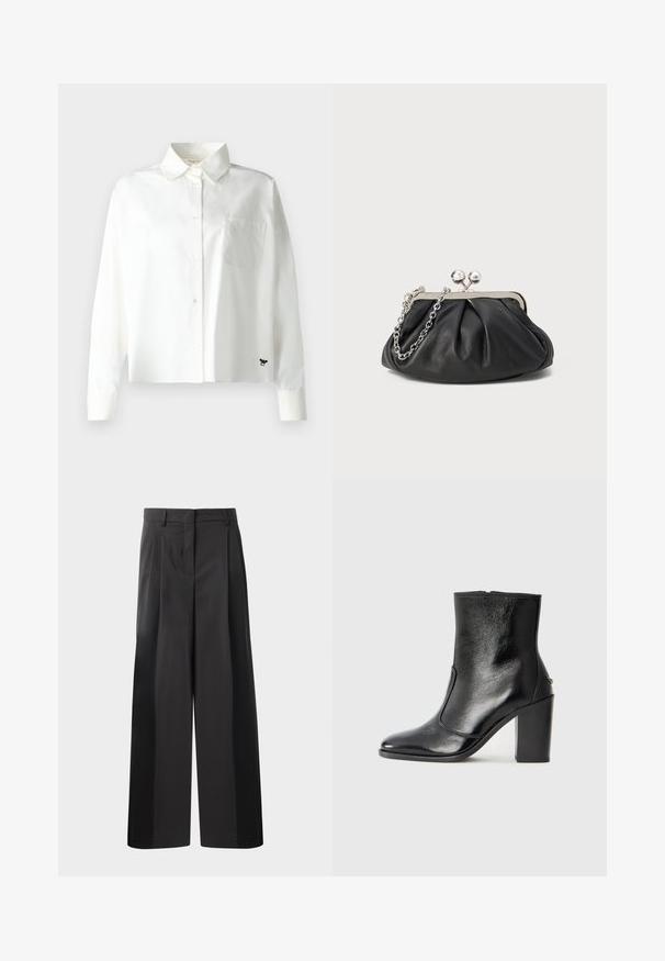 WEEKEND MaxMara Pogājama blūze - bianco; Melni platajā kājās bikses ar augsto jostasvietu, kas ar priekšējiem krokām, gludu tekstūru un pielāgotu apdari. Veidotas relaksētai piegrieztei.; Melnas ādas potīšu zābaki ar gludu tekstūru, smailu purngalu un masīlu augstu papēdi. Iekļauts sānu atvērums un minimālistisks dizains.; Melnas ādas roku soma ar sakrautām tekstūrām, sudraba toņu metāla rāmis, skavas aizdare un ķēdes siksna. Gluda, maiga virsma.