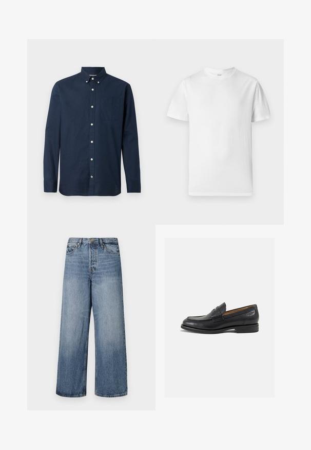 Camisa de manga larga de color azul marino hecha de una tela ligera, con cuello de camisa, bolsillo frontal y botones blancos. Textura suave.; Camiseta blanca de manga corta, hecha de algodón suave. Presenta un cuello redondo y un dobladillo recto con un detalle mínimo.; Jeans de denim azul de pierna ancha con un lavado descolorido, diseño de cinco bolsillos y cierre de botón. Equipados con trabillas y detalles de costura.; Mocasines de cuero negro con un acabado suave, punta redondeada y costuras decorativas en la parte superior. Tacón bajo apilado y un ligero brillo.