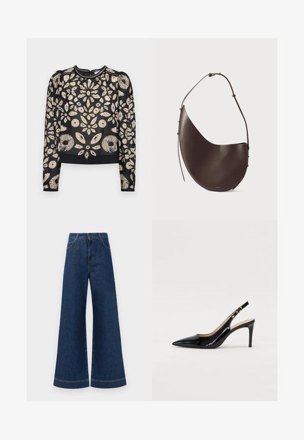 Blusa nera con maniche lunghe, caratterizzata da un motivo floreale crema e tessuto testurizzato. Accentuata da un collo arricciato e polsini elasticizzati.; Jeans in denim blu a gamba larga con vita alta, dotati di chiusura a bottone, passanti per cintura e dettagli di cucitura sottili lungo le tasche e i orli.; Pumps slingback in pelle verniciata nera con punta affilata, tacco sottile e un design con ritagli delicati. Caratterizzate da una fibbia dorata sul cinturino.; Borsa a tracolla in pelle marrone con forma curva, tracolla singola e design minimalista. Presenta un logo discreto e dettagli in metallo dorato.