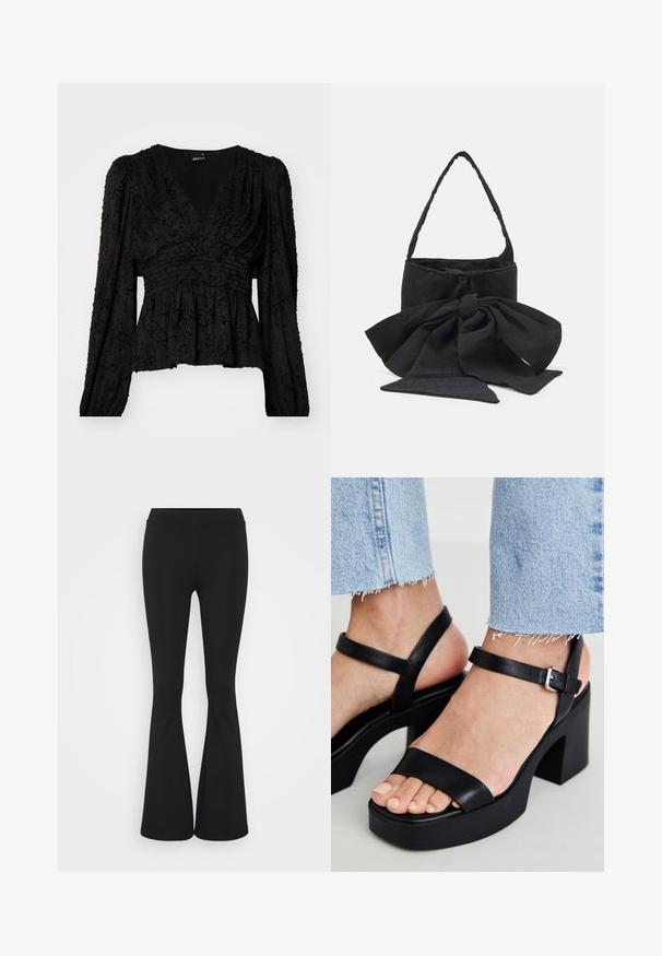 Svart langermet bluse med dyp V-hals, teksturert stoff, samlet midje og peplum-søm. Har intrikate detaljer og folder.; Svarte flared bukser laget av elastisk stoff, med høy midje og en glatt tekstur. Buksene vidder ut fra kneet.; ALDO CELIE - Sandaler med høye hæler - black; Svart stoffhåndveske med en knyttet sløyfe, rund form, teksturert overflate med små mønstre, og et enkelt, tynt håndtak.