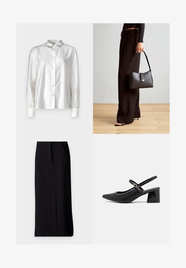Fehér selyem blúz gombos elejével, klasszikus gallérral és hosszú ujjal, amelyek húzott mandzsettával végződnek. Simogatós textúra, finom fényű.; Fekete hosszú szoknya sima textúrájú anyagból. Elöl hasítékkal és két oldalsó zsebből áll. Klasszikus dizájn, feszes derékkal.; Fekete lakk bőr, pántos magassarkú cipő, hegyes orral, lekerekített kivágással és tömbsarkal. Arany színű csat díszíti.; Fekete kézi táska strukturált formával, sima textúrával és fémből készült záródással. Széles fekete nadrággal és nyitott orrú szandállal párosítva, fából készült padlón.