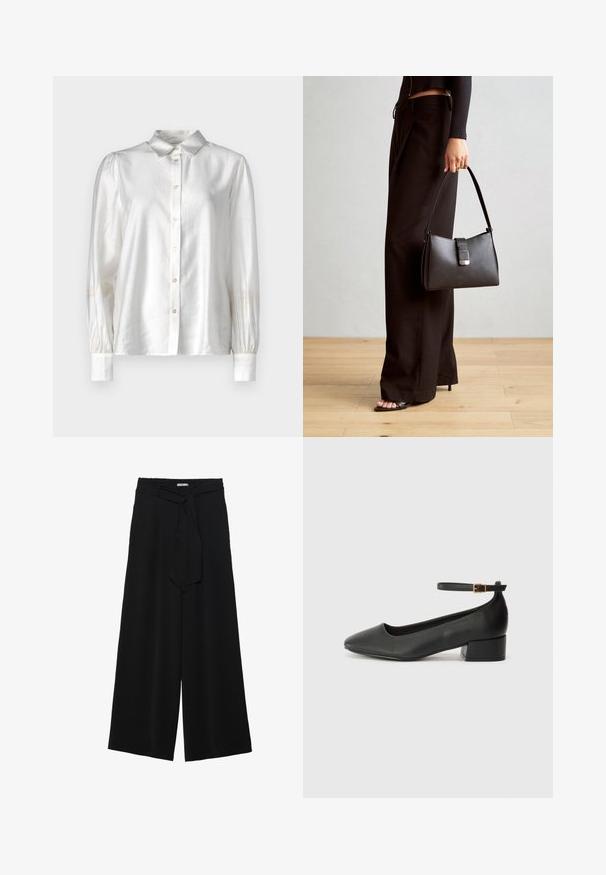 Weiße Seidenbluse mit Knopfleiste, klassischem Kragen und langen Ärmeln mit gerafften Manschetten. Glatte Textur mit einem dezenten Glanz.; Schwarze weite Hosen aus strukturiertem Stoff, mit elastischem Bund und einem abnehmbaren Bindegürtel in der Taille für eine verstellbare Passform.; Schwarze Lederpumps mit spitzem Zehenbereich und niedrigem Blockabsatz. Mit einem Knöchelriemen und einer goldfarbenen Schnalle. Glatte Textur.; Schwarze Handtasche mit strukturierter Form, glatter Textur und einem metallischen Verschluss. Kombiniert mit weiten schwarzen Hosen und offenen Sandalen auf einem Holzboden.