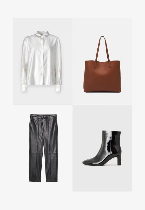Valge siidbluus nööpidega esiosal, klassikalise kraega ja pikkade varrukatega, mille otsad on volangiga. Sile tekstuur ja õrn sära.; Mustad nahkpüksid sileda tekstuuriga, sirge lõikega, kahe eesmine taskuga ja nähtavate õmblusteta.; Must-sinine nahkjalats musta läikiva viimistlusega, millel on terav nina ja keskmise kõrgusega plokk konts. Sile tekstuur ja minimalistik disain.; Pruun nahast tote-kott, millel on sile tekstuur, avatud ülaosa disain ja kaks õlarihma. Omab minimaalset õmblust ja nähtavat riistvara ei ole.