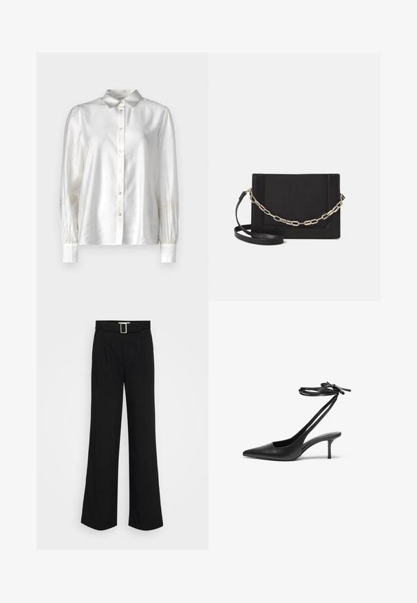 Blusa de seda branca com fecho frontal de botão, colarinho clássico e mangas longas com punhos franzidos. Textura suavemente lisa com um brilho subtil.; Calças largas pretas feitas de tecido leve, com uma textura suave, pregas frontais e um cinto com uma fivela metálica quadrada.; Shoe stileto de couro preto com bico fino, parte traseira aberta e tiras de tornozelo atadas em um laço. Salto fino de 7,5 cm. Textura suave, design minimalista.; Bolsa crossbody de couro preto com uma textura suave, forma retangular e um detalhe em corrente metálica na frente. Inclui uma alça ajustável.