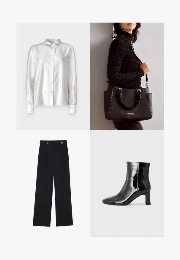 White silk blouse with a button-up front, classic collar, and long sleeves with gathered cuffs. Smooth texture with a subtle sheen.; Black wide-leg trousers with high waist, button details on waistband, and front pleats.; Black patent leather ankle boot with a pointed toe and a mid-height block heel. Smooth texture and minimalist design.; Black handbag with textured surface, dual top handles, and adjustable shoulder strap. Features gold-tone hardware and side pockets.