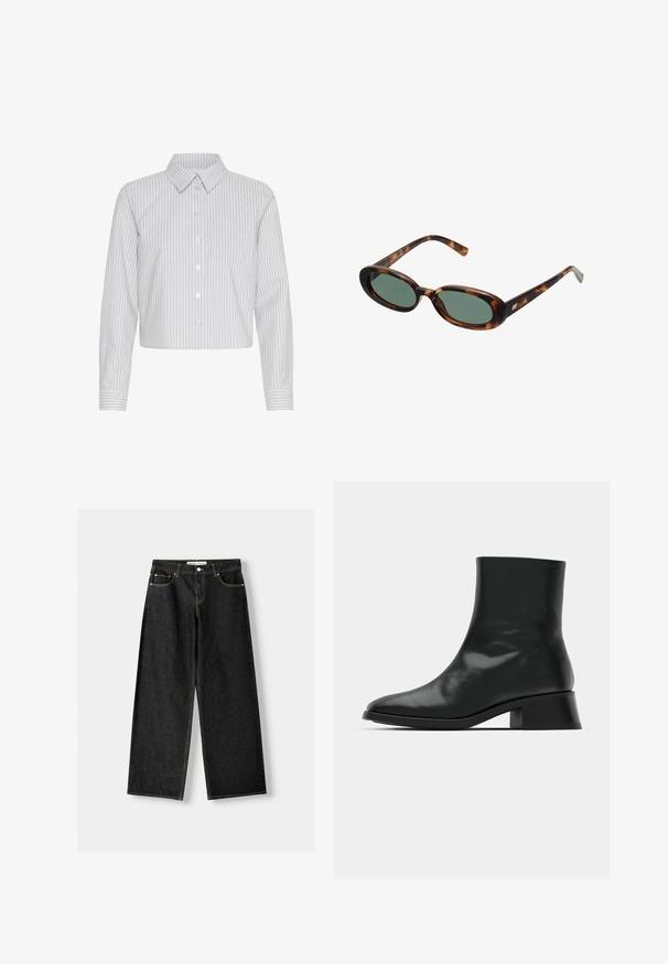 Skraćena košulja s gumbima u bijeloj boji s vertikalnim tamnoplavim prugama, koja ima ovratnik i jedan džep na prsima. Dugi rukavi s detaljima na manžetama.; Crna rebrasta majica bez rukava s okruglim izrezom i izvezenim bijelim logotipom. Ima uski kroj i čist, ravan rub.; Crne traperice širokih nogavica s pet džepova, metalnim gumbom i zatvaračem te kontrastnim žutim šavovima.; Crne gležnjače od sjajne kože, s elegantnim dizajnom, šiljatim vrhom i umjerenom blok petom za stabilnost.; Sunčane naočale u boji kornjače s ovalnim okvirom i zelenim staklima. Imaju tanke ručke s metalnim detaljem blizu šarki.