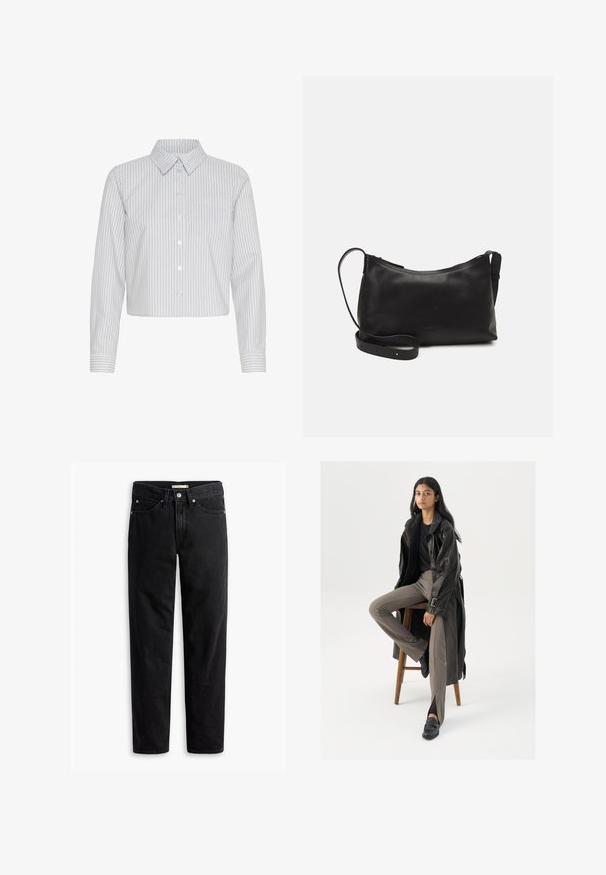Camicia button-up accorciata di colore bianco con righe verticali blu navy, dotata di colletto e una tasca sul petto. Maniche lunghe con dettagli ai polsini.; Jeans neri a gamba dritta con chiusura a bottone e cerniera, passanti per cintura e tasche frontali e posteriori, mostrati piatti su sfondo bianco.; Cappotto lungo in pelle nera con dettagli di bottoni e cintura, abbinato a pantaloni aderenti marrone chiaro e mocassini neri, seduto su uno sgabello di legno.; Borsa a spalla in pelle nera con una texture liscia, forma curva, tracolla regolabile e chiusura con zip. Design minimalista senza ornamenti.