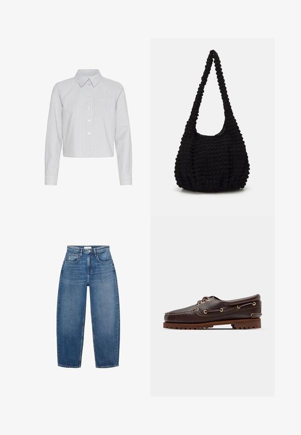 Cropped button-up shirt in white with vertical navy stripes, featuring a collar and a single chest pocket. Long sleeves with cuff detail.; High-waisted blue denim jeans with a straight leg design, featuring five pockets, belt loops, and subtle fading for added texture.; Brown leather boat shoe with gold eyelets, round laces, and a textured brown rubber sole. Features stitched detailing and a raised logo.; Black textured fabric bag with a single twisted strap, featuring a puffy shape and gathered surface design.