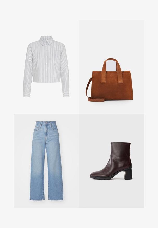 Cropped button-up shirt in white with vertical navy stripes, featuring a collar and a single chest pocket. Long sleeves with cuff detail.; Light blue high-waist wide-leg jeans with front button and zip closure, front and back pockets, on a white background.; Dark brown leather ankle boot with a block heel and round toe, displayed on a plain light gray background.; Brown suede handbag with two top handles and an adjustable shoulder strap. Features a structured shape and minimalistic design.