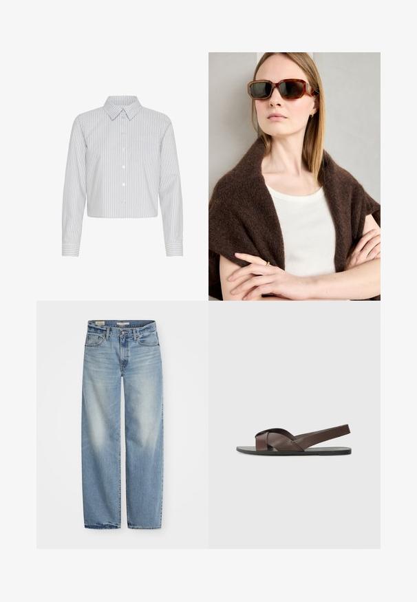 Camicia button-up accorciata di colore bianco con righe verticali blu navy, dotata di colletto e una tasca sul petto. Maniche lunghe con dettagli ai polsini.; Jeans a gamba larga di colore blu chiaro realizzati in denim. Presentano un'apertura con bottone e zip, cinque tasche e una finitura sbiadita con orlo leggermente strappato.; Sandalo in pelle marrone con design a cinghia incrociata, suola nera piatta e cinturino posteriore regolabile. Texture liscia e dettagli hardware minimi.; Occhiali da sole tartarugati marroni con montatura angolare, lenti scure e accenti in metallo. Indossati con un top cream e uno scialle scuro.; Borsa hobo in pelle marrone con una forma arrotondata, dotata di dettagli in hardware dorato e cuciture a contrasto. Abbinata a una camicia di jeans e a un paio di jeans.