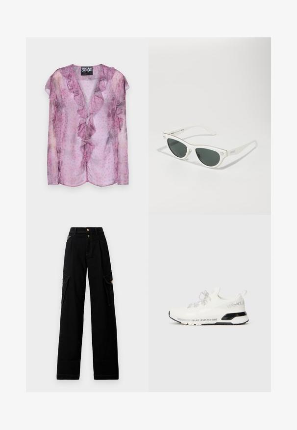 Blusa rosa transparente com bordas onduladas, padrão floral e mangas longas. Tecido leve com decote em V e design fluido.; Calças cargo largas e pretas com fecho de botão, passantes para cinto, bolsos laterais com aba e costura contrastante branca, dispostas sobre um fundo branco.; Sapatilha branca com parte superior em malha, detalhes em preto e atacadores refletivos. Apresenta a marca "VERSACE JEANS COUTURE" ao longo do lado da sola.; Óculos de sol brancos em formato de gato com lentes escuras, detalhes em dourado na armação e logotipo na lateral. Material plástico liso.