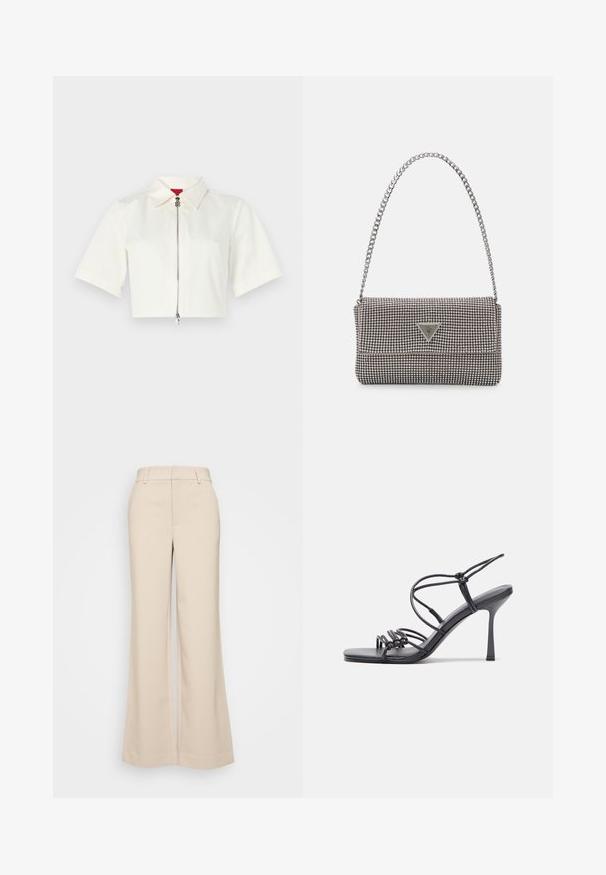 Cămașă albă scurtă, cu mâneci scurte, având o guler în vârf și un închidere cu fermoar frontal cu accesorii argintii. Textură de țesătură netedă.; Pantaloni bej cu croi larg, cu o textură netedă, având o talie înaltă și două buzunare frontale. Design curat cu o croială adaptată.; Sandale negre cu toc înalt au curele subțiri cu un design legat, un vârf pătrat neted și un toc stiletto elegant.; Geantă metalică gri deschis, cu un strap din lanț, decorată cu mici ținte circulare metalice și un logo de marcă triangular.