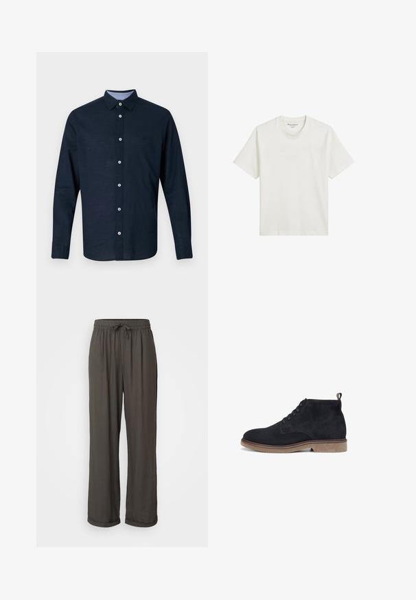 Marineblaues Langarmhemd mit Button-Down-Kragen, weißen Knöpfen und einem dezenten Logo auf der Brust. Hergestellt aus weichem Stoff mit einer strukturierten Oberfläche.; Weißes Baumwoll-T-Shirt mit Rundhalsausschnitt, kurzen Ärmeln und lässiger Passform. Etikett innen am Kragen gedruckt; keine sichtbaren Muster oder Akzente.; Dunkelgraue weit geschnittene Hose mit einem Zugbandsaum, gefertigt aus einem weichen, strukturierten Stoff, mit umgeschlagenen Bündchen an den Knöcheln.; Schwarze Wildleder-Ankle-Boots mit runder Zehenform, schnürbarem Vorderteil und hellbrauner Gummisohle; verfügen über einen kleinen Absatz und eine Schlaufe an der Rückseite.