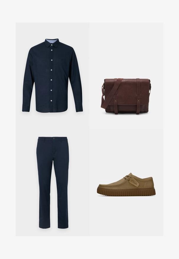 Tumesinise pikkade käistega särgi, mis on varustatud nööpidega krae, valged nööbid ja pehme logo rinnal. Valmistatud pehmest kangast, millel on tekstureeritud viimistlus.; Valge puuvillane T-särk ümarate krae ja lühikeste varrukatega. Omab sinise ja musta trükitud teksti: "TOM TAILOR," "HAVANA TIGUUD" ja numbreid.; Tumedad sinised chinos, mis on valmistatud siledast kangast. Sirge jala disain, millel on ühekordne nööbi kinnitamine ja vööloop. Ilma nähtavate mustrite või aksessuaarideta.; Kerged pruunist nahksoost kingad, millel on ümar varvas, õmblustega detailid ja soonikkoes pruun kummitald. Omab külje peal sildi, millel on "Clarks" logo.; Pruunist nahast sõnumiekot, millel on lame eesmine klapp, kaks rihma, kullatud detailid ja reguleeritav õlarihm.