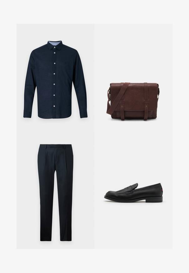 Navy long-sleeve shirt with a button-down collar, white buttons, and a subtle logo on the chest. Made of soft fabric with a textured finish.; Black tailored pants made of smooth fabric, featuring a slim fit design, two front pleats, and a flat waistband without visible hardware.; Black leather loafers with a smooth finish, rounded toe, and a small decorative flap. Features a low stacked heel and subtle branding detail.; Brown leather messenger bag with a flat front flap, two straps, gold hardware accents, and an adjustable shoulder strap.