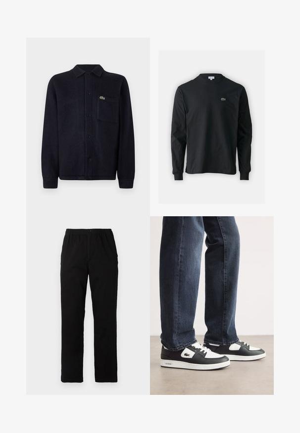 Tumes tekstuuriga särgitagi, mis on valmistatud pehmest kangast, sisaldab kraed, nööbivälist, pikki varrukaid ja tikandiga taskut logoga.; Must musta särk pikad varrukad, valmistatud puuvillast, ümar kaelus ja vasakul rinnal väike rohelise värvi tikandiga krokodillilogoga.; Mustad mustreid, puuvillast segakanga valmistatud mustad püksid, mis on sirge lõikega, elastse vöökoht ja nööp, ilma nähtavate mustrite või aktsentideta.; Mustad ja valged Lacoste'i tossud, millel on tekstuurne nahkpeal, lukuga disain ja valge kummist tall. Kombineeritud tumedate teksadega.