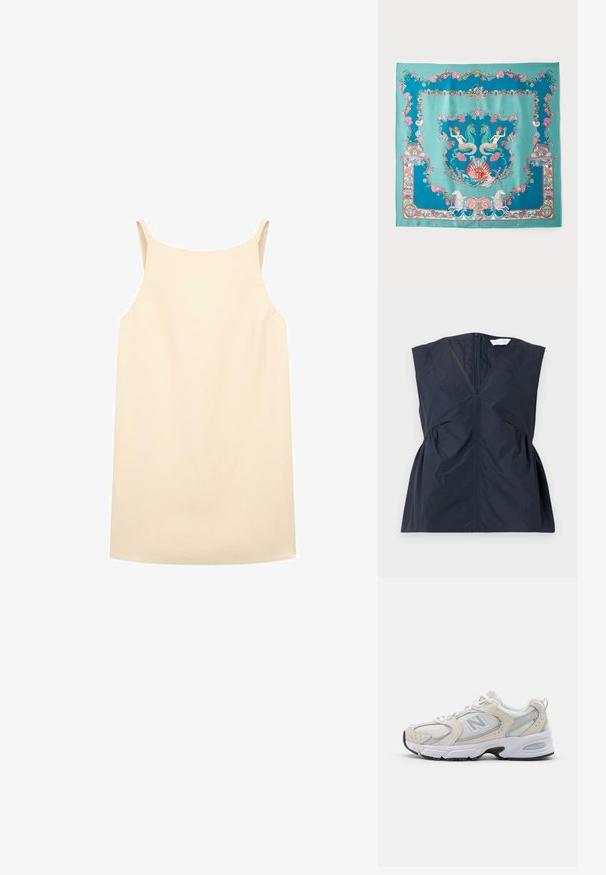 Top senza maniche di colore blu navy con scollatura a V, zip frontale e dettagli arricciati sui lati. Realizzato in tessuto leggero e liscio con una leggera lucentezza.; Vestito beige senza maniche con vestibilità rilassata, realizzato in tessuto liscio, caratterizzato da spalline sottili e orlo dritto.; Scarpa sportiva con tomaia in mesh grigio chiaro e accenti in suede, lacci bianchi e suola in gomma nera. Dettaglio di ammortizzazione ABZORB notevole.; Foulard in seta turchese con intricati motivi a tema marino, tra cui sirene, conchiglie e corallo, incorniciato da un bordo decorativo.; Borsa a tracolla in paglia intrecciata con una forma ampia e affusolata, dotata di due manici in pelle nera. Colore beige naturale con una superficie texture.