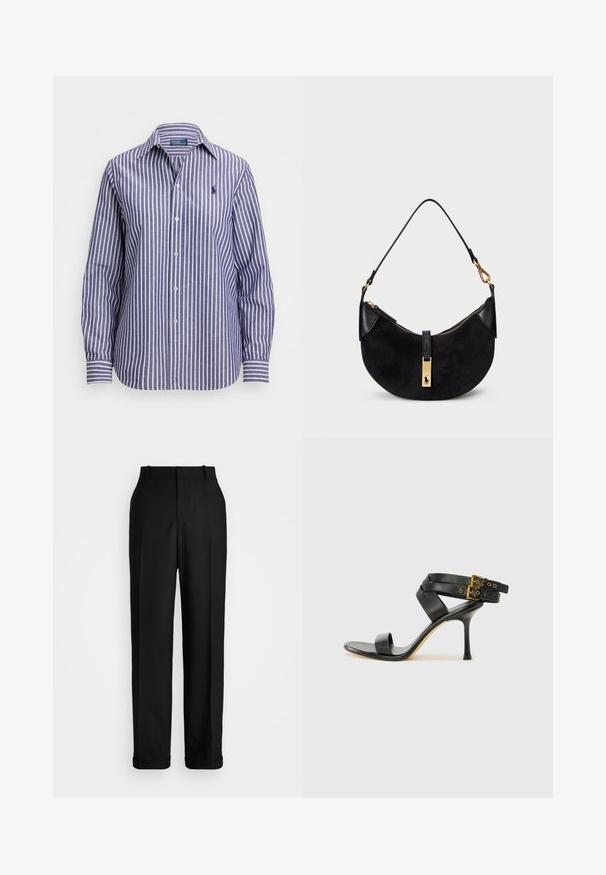 Košile na knoflíky vyrobená z lehkého materiálu, která má vertikální modré a bílé pruhy, klasický límec a dlouhé rukávy s knoflíkovými manžetami.; Polo Ralph Lauren HIGH RISE RELAXED STRAIGHT TROUSER - Kalhoty - black; Černé sandály na podpatku s kříženými popruhy a nastavitelnou sponou. Mají hladký povrch a špičatý stiletto podpatek.; Černá kabelka s zakřiveným tvarem, vyrobená z semiše a kůže, s pozlaceným zipem a detailem loga. Obsahuje krátké ucho.