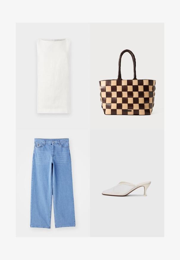 Bezrukávový biely ľanový top s rovnym strihom, lodičkovým výstrihom a bez viditeľných zapínaní. Obsahuje jemnú, textúrovanú tkaninu.; Svetlo modré široké džínsy z denimu, s klasickým päť vreckovým dizajnom a zapínaním na gombíky. Hladká textúra, rozstrapkaný lem.; Biele sieťované lodičky s špicatou špičkou, s úzkym stredne vysokým podpätkom a bez zapínania, na jednobodovom pozadí.; Hnedá a béžová kožená tote taška s tkaným šachovnicovým vzorom a pletenými rúčkami na bielom pozadí.