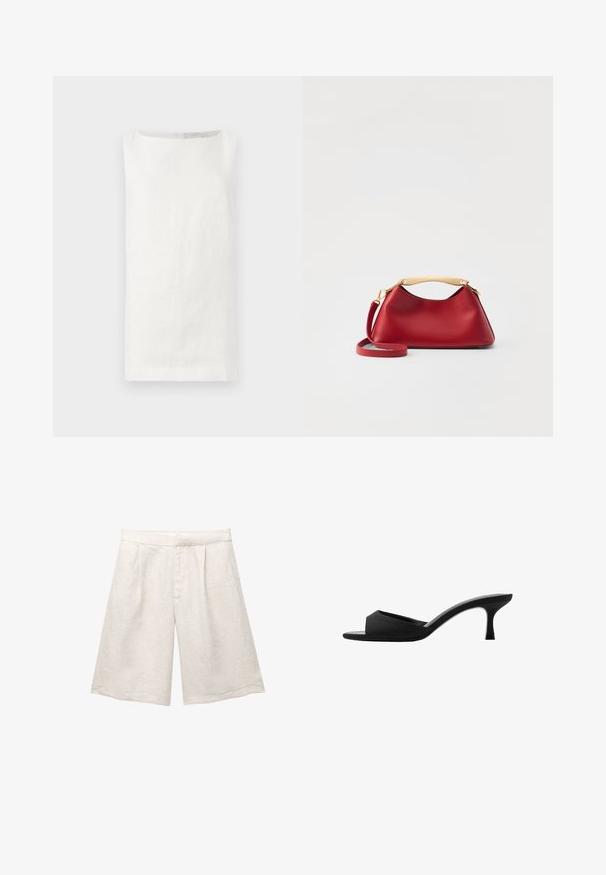 Top senza maniche in lino bianco con taglio dritto, scollatura a barca e senza chiusure visibili. Presenta un tessuto morbido e strutturato.; Pantaloni corti in lino beige con gamba larga, caratterizzati da pince frontali e una cintura liscia. Il tessuto ha una finitura leggermente testurizzata.; Mule nere con tacco alto, dotate di una punta larga e aperta e di una parte superiore curva. Realizzate in tessuto texture, presentano un tacco sottile e una suola liscia.; Elleme MINI BOOMERANG - Borsa a tracolla - Red