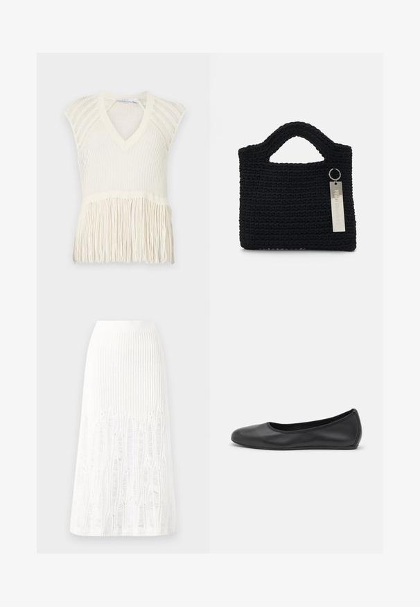 Knit cream vest top with a V-neck, short sleeves, and fringe detailing at the hem. Features a textured weave pattern throughout.; Knit white midi skirt featuring a textured pattern with vertical lines and cut-out details near the hem. Elastic waistband. Soft material.; Black leather ballet flat with a rounded toe, smooth texture, minimal stitching detail, and a flexible sole design.; Won Hundred MARSIELLE COMPUTER BAG UNISEX - Laptop bag - black