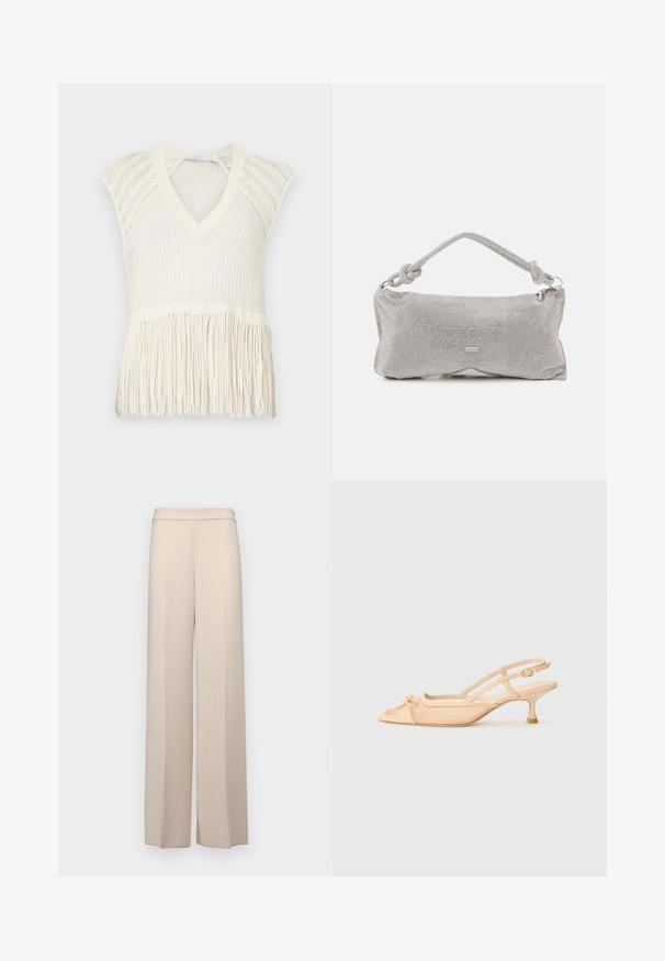 Kudottu kerma väri liivi, jossa on V-pääntie, lyhyet hihat ja fringet yksityiskohdat helmassa. Sisältää tekstuurillisen kudontamallin koko ajan.; Beige leveled pants in a smooth fabric, featuring a high waist and subtle front pleats. No pockets or visible hardware details.; Stuart Weitzman KITTY - Avokkaat - beige/barely beige; Hopeaketju olkalaukku hopeassa, jossa on solmittu kahva, vetoketjusulku ja geometrinen muoto sileällä pinnalla.