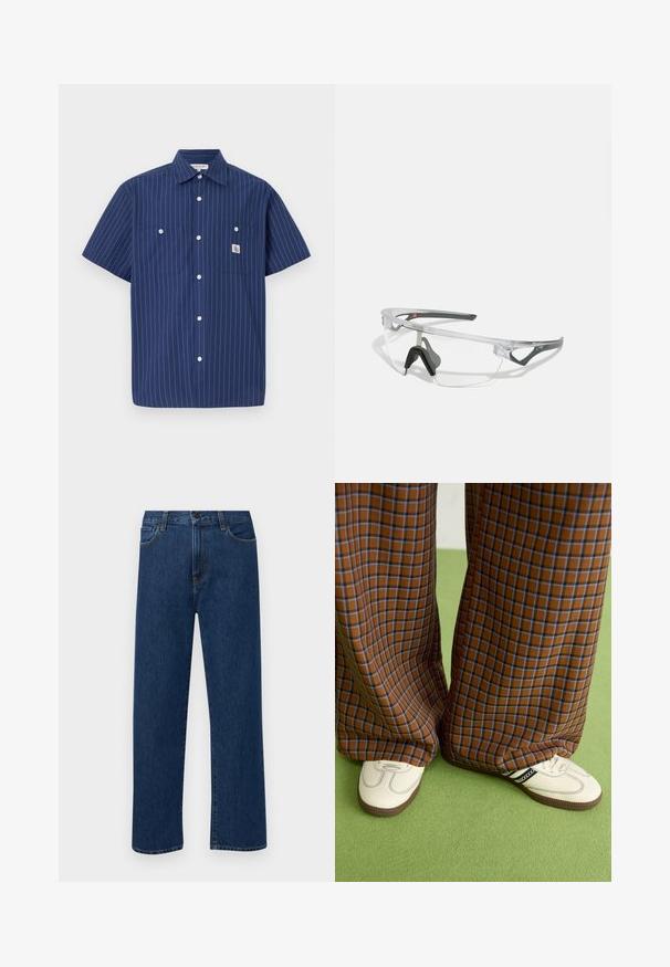 Meri jalkakäijä lyhythihainen paita, jossa on valkoisia pystysuoria raitoja, kaksi rintataskua, napitettavuus etuosa ja logo-ompelu vasemmassa taskussa.; Tummansinisiä suoranlahkeisia farkkuja, joissa on etutaskut ja nappikiinnitys, esiteltynä yksinkertaisella valkoisella taustalla.; Ruskonsin ja sininen ruutukuvioinen leveälahkeinen housut yhdistettynä valkoisiin kenkiin, joissa on mustia yksityiskohtia ja tekstuuripohjat, vihreää taustaa vasten.; Läpinäkyvät turvalasit, joissa on kevyt, läpinäkyvä kehys ja harmaat yksityiskohdat. Varustettu ympäröivällä muotoilulla ja säädettävällä nenätyynyllä.