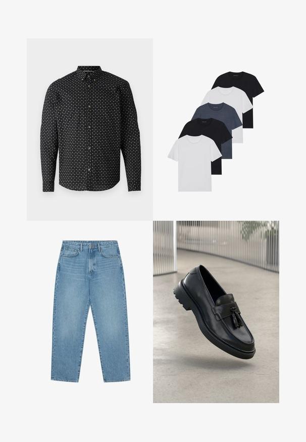 Black button-up shirt featuring a patterned design of white crosses. It has long sleeves, a collar, and gold-tone buttons.; Set of five t-shirts in black, white, and navy blue. Cotton fabric, short sleeves, crew neck design, and plain texture with no patterns.; Light blue denim jeans with a straight-leg cut, five-pocket design, and a slightly faded texture. Features a button and zipper closure.; Black leather loafers with a smooth finish, decorative tassel, thick rubber sole, and stitched accents. Lightweight and sleek design.