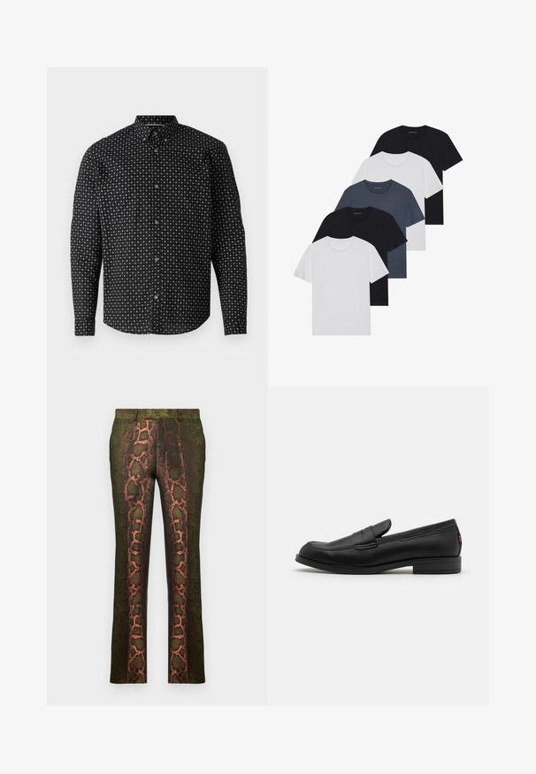 Black button-up shirt featuring a patterned design of white crosses. It has long sleeves, a collar, and gold-tone buttons.; Set of five t-shirts in black, white, and navy blue. Cotton fabric, short sleeves, crew neck design, and plain texture with no patterns.; Green patterned trousers featuring a snake print design with shades of brown and orange, straight cut, and a smooth texture.; Black leather loafers with a smooth finish, rounded toe, and a small decorative flap. Features a low stacked heel and subtle branding detail.