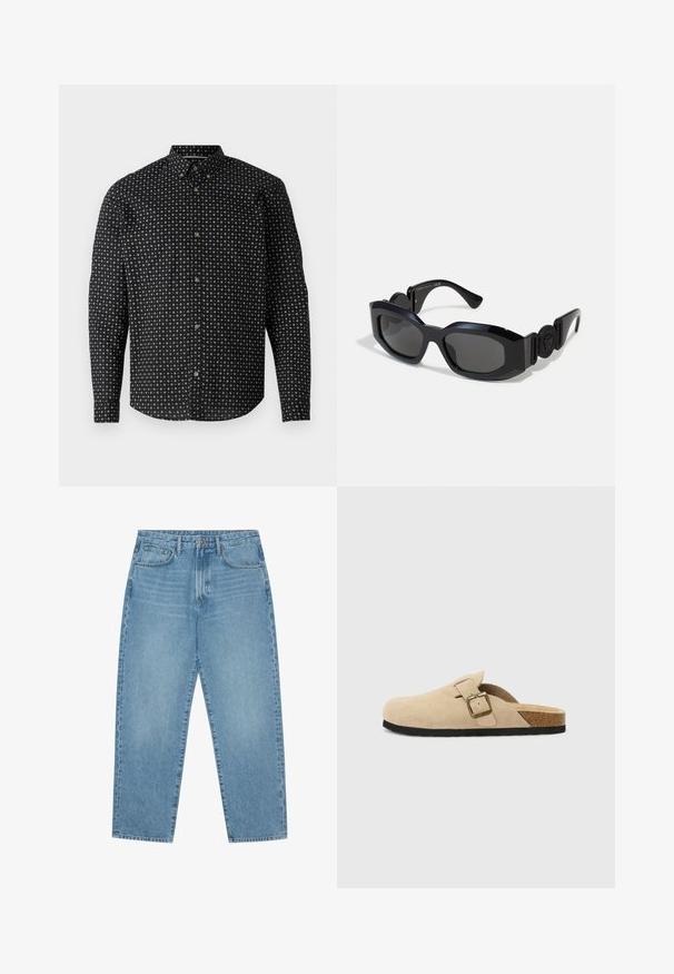 Black button-up shirt featuring a patterned design of white crosses. It has long sleeves, a collar, and gold-tone buttons.; Light blue denim jeans with a straight-leg cut, five-pocket design, and a slightly faded texture. Features a button and zipper closure.; Beige suede slide-on clogs with a cork footbed, rounded toe, and a simple strap featuring a gold-tone buckle. Rubber sole for grip.; Black sunglasses with a wide, angular frame and dark tinted lenses. Features textured black sides and a round logo accent on the temple.
