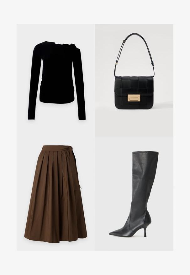 Juoda ilgomis rankovėmis apranga su viena petneša, kuri pasižymi raukšlės detale šone. Pagaminta iš minkštos, elastingos medžiagos su lygiu paviršiumi.; Ruda klostuota sijonas, pagamintas iš lygaus audinio, su aukštu liemeniu ir šoniniu surišimu užsegimui.; Juodų odinių batų iki kelių su smailiu pirštu ir plonu stiletto kulnu. Lygus paviršius, pritaikytas dizainas ir siuvimas viršutiniame krašte.; Loeffler Randall DESI CROSSBODY WITH LOCK HARDWARE - Rankinė per petį - black