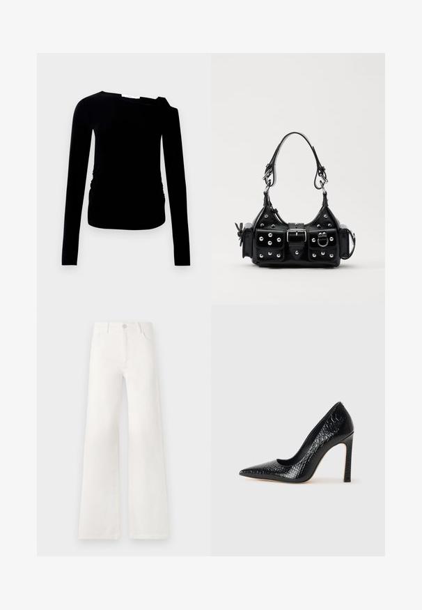 Mustale, pikad varrukad ja ühe õlavarre kujundusega pluus, millel on kroogitud küljeosa. Valmistatud pehmest, venivast kangast, millel on sile tekstuur.; Valged, kõrge vöökohaga laiad teksad, mis on valmistatud denimist. Omab nupuga sulgemist, kahte esimest taskut ja külgede õmbluste detailseid õmblusi.; Mustan teravaotsaga kõrge kontsaga king, millel on krokodillimustriga tekstuur, stiilne disain, kõrge stilettokonts ja sile must sisesisustus.; Must värvi nahast käekott, millel on kaarjas disain, hõbedased nupukesed, kinnitusahe ja kaks külgtaskut. Reguleeritav rihm erinevate kandmisvõimaluste jaoks.