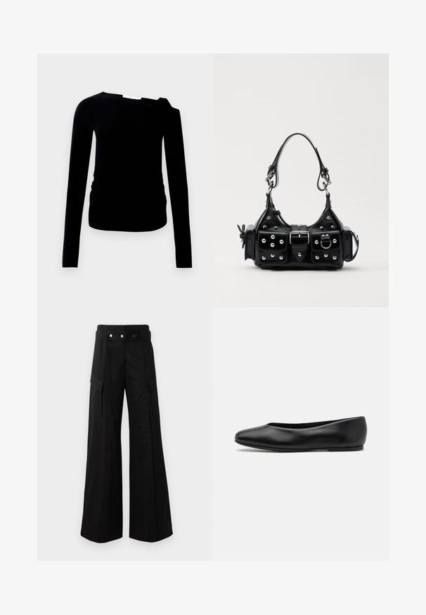 Haut noir à manches longues avec un design à une épaule, présentant un détail froncé sur le côté. Fabriqué en tissu doux et extensible avec une texture lisse.; Pantalons larges noirs avec une taille haute, dotés de grandes poches latérales, de deux boutons à l'avant et d'un détail en boucle. Fabriqués en tissu résistant.; Paul Smith TOPANGA - Ballerines - black; Sac à main en cuir noir au design courbé, avec des clous en argent, une boucle et deux poches latérales. Bandoulière réglable pour différentes options de transport.