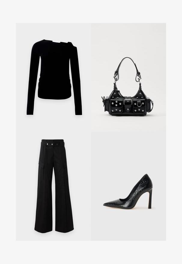 Black long-sleeve top with one shoulder design, featuring a ruched side detail. Made from soft, stretchy fabric with a smooth texture.; Black wide-leg pants with a high waistband, featuring large side pockets, two front buttons, and a loop detail. Made from sturdy fabric.; Black pointed-toe high heel shoe with a crocodile-skin texture, featuring a sleek design, high stiletto heel, and smooth black interior.; Black leather handbag with a curved design, featuring silver studs, a buckle, and two side pockets. Adjustable strap for carrying options.