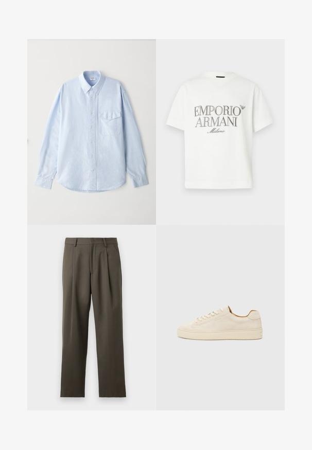 Šviesiai mėlyna marškinėlių palaidinė, pagaminta iš minkštos medžiagos, turinti klasikinį apykaklę, ilgomisRankovėmis ir krūtinės kišenę su atlenkiamu dangteliu.; Balta medvilninė marškinėliai su dideliu pilku "Emporio Armani Milano" logotipu priekyje ir mažu logotipu viršutinėje kairėje pusėje.; Tamsiai alyvuogių spalvos kelnės, reguliaraus kirpimo, su raukšlėmis priekyje, lengvas audinys, tiesaus kirpimo dizainas, su lygiu paviršiumi ir be matomų dekoracijų.; Šviesiai rudos zomšinės sportbačiai su žemu profiliu, apvaliu pirštu, plokščiomis raišteliais ir tekstūruota guma. Minimalistinis stilius be matomų logotipų.