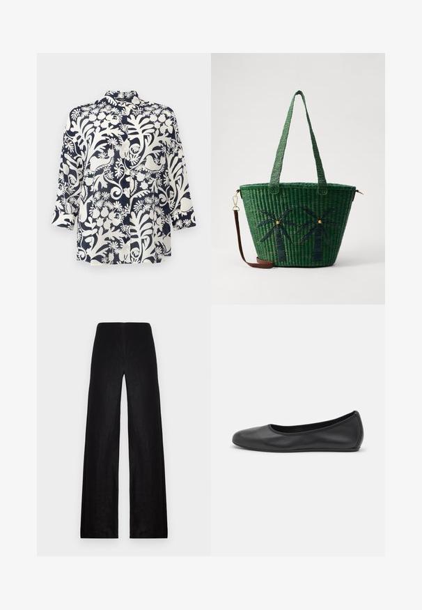 Camisa azul marino con patrones florales blancos, de manga larga, diseño con cuello, botones en el frente y un corte holgado, hecha de tela ligera.; Pantalones de pierna ancha negros hechos de una tela ligera. Presentan una cintura alta, textura suave y líneas limpias sin bolsillos ni embellishments.; Bailarina de piel negra con punta redondeada, textura suave, detalle de costura minimalista y diseño de suela flexible.; Bolsa de tote tejida verde con diseños de palmeras en verde más oscuro; cuenta con dos asas y una correa de cuero marrón desmontable.