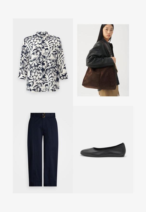 Camisa azul marino con patrones florales blancos, de manga larga, diseño con cuello, botones en el frente y un corte holgado, hecha de tela ligera.; Pantalones azul marino con cintura tejida y hebilla de anillo dorado, con un corte recto y pliegues prensados en la parte delantera.; Bailarina de piel negra con punta redondeada, textura suave, detalle de costura minimalista y diseño de suela flexible.; Bolsa de tote de ante marrón con forma amplia y textura suave, con una sola correa y un hardware minimalista sobre un fondo neutro.