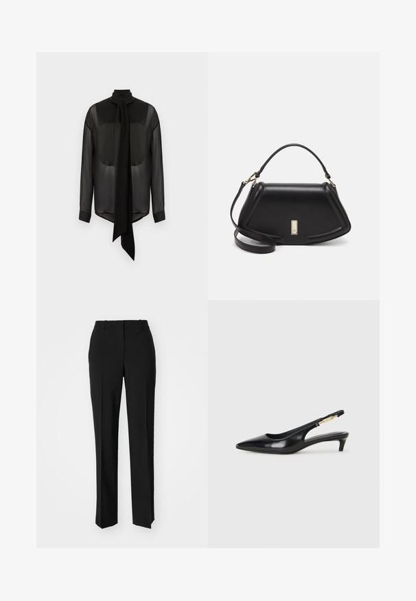 Blusa nera in chiffon con lungo fiocco, colletto alto e maniche lunghe. Texture trasparente con polsini neri solidi e orlo arrotondato.; Pantaloni neri su misura con un design a gamba dritta, caratterizzati da una texture liscia e pieghe ben definite sul davanti. Senza hardware visibile.; Tacchi slingback in pelle nera con punta affusolata, caratterizzati da un tacco alto e un accento dorato sulla cinghia regolabile. Texture liscia.; Borsa a mano in pelle nera con un design strutturato, caratterizzata da una forma corta, manico superiore e accessori in metallo dorato. Inclusa tracolla regolabile.