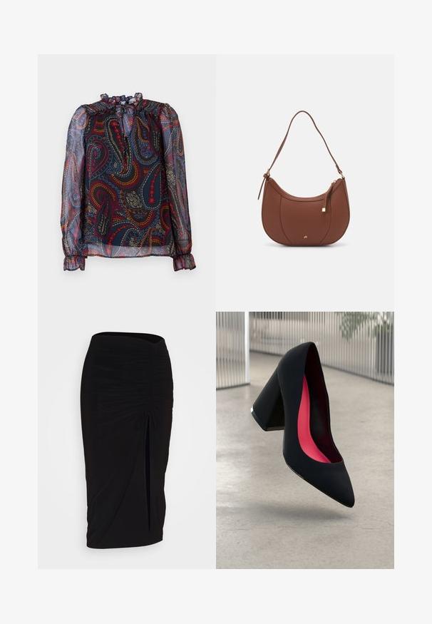 Kõrge läbipaistvusastmega pluus, millel on volangiga krae ja puffis varrukad. Omab mitmevärvilist paisley mustrit tumedal taustal. Elastsed mansetid.; Mustast, rikutud pliiatsiseelik sidumisdetailiga ja küljes lahtise lõhenemisega. Valmistatud venivast kangast, millel on sile tekstuur ja keha lähedane lõige.; Mustad must kõrged kontsad, terava ninaga, tekstuurse pinnaga ning erksa roosa sisemusega. Omab paksu kontsa koos hõbedase aktsendiga.; Pruun faux nahast õlaline kott, millel on kaarjas kuju, minimaalne õmblemine ja kuldse tooni metallist aksessuaar. Omab ülemist tõmblukku ja reguleeritavat rihma.