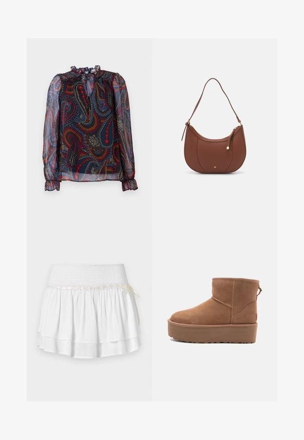 Durchsichtige Bluse mit Rüschensaum und Puffärmeln. Verfügt über ein mehrfarbiges Paisleymuster auf dunklem Hintergrund. Elastische Manschetten.; Weißer Stufenrock mit elastischem Bund, der mit einem strukturierten Rüschenmuster und einem dekorativen Bandakzent versehen ist. Baumwollstoff.; Beige Wildleder-Ankle-Boot mit Plateausohle, abgerundetem Zehenbereich und abgesteppten Akzenten; verfügt über eine Zuglasche hinten für einfaches An- und Ausziehen.; Braune Kunstleder-Schultertasche mit geschwungener Form, minimaler Naht und goldfarbener Hardware-Akzent. Verfügt über einen oberen Reißverschluss und einen verstellbaren Trageriemen.
