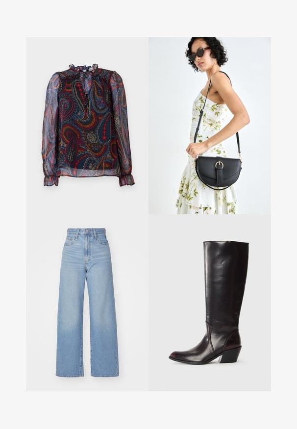 Blusa transparente com colarinho com franzido e mangas bufantes. Apresenta um padrão paisley multicolorido sobre um fundo escuro. Punhos elásticos.; Jeans de cintura alta e perna larga em azul claro, com fecho frontal de botão e zíper, bolsos frontais e traseiros, sobre um fundo branco.; Bota de couro castanha escura até ao joelho, com bico apontado, salto bloco angular e textura suave e brilhante. Apresenta um design limpo e detalhes de costura.; Bolsa de couro preta com forma curva, alça destacável e detalhes em dourado. A bolsa possui uma aba com detalhe de fivela.