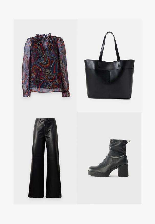 Áttetsző blúz fodros gallérral és puffos ujjú. Többszínű paisley minta sötét háttéren. Rugalmas mandzsetták.; Fekete, magas derekú, széles lábú, műbőr nadrág elülső gombbal, cipzárral, övbújtatókkal és oldalsó zsebekkel, fehér háttérrel.; Fekete bokacsizmák sima bőrből, oldalsó cipzárral, vastag, texturált sarkú és lekerekített orrú dizájnnal.; Fekete bőr bevásárlótáska két hosszú fogantyúval, sima felülettel és strukturált formával. Elülső zseb található rajta a plusz tárolás érdekében.