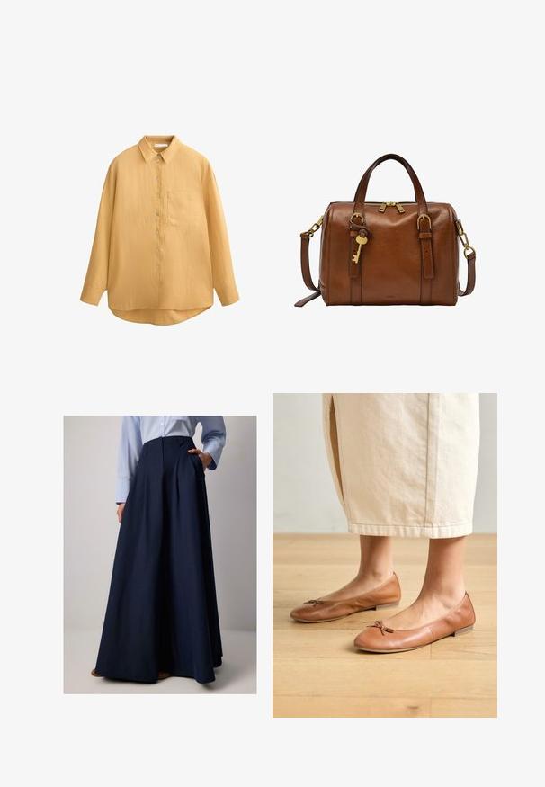 Camicia a maniche lunghe gialla senape, con colletto, tessuto testurizzato e una tasca sul petto; orlo arrotondato e bottoni in conchiglia.; Gonna lunga blu con pieghe, realizzata in tessuto leggero, dotata di tasche laterali e vita alta. Texture morbida e drappeggio elegante.; Ballerine in pelle marrone con punta rotonda e un piccolo dettaglio a fiocco, tacco basso e texture liscia, abbinate a una gonna di colore chiaro.; Borsa a tracolla in pelle marrone con dettagli in oro. Chiusura a zip, due manici corti, tracolla removibile e un dettaglio a forma di chiave.
