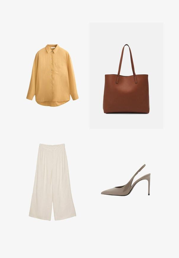 Musztardowożółta koszula na guziki wykonana z lekkiego materiału. Posiada kołnierzyk, długie rękawy, pojedynczą kieszeń na piersi oraz zaokrąglony dół.; Lnianowe spodnie o szerokich nogawkach w jasnym beżowym kolorze z plisowanym wzorem i elastycznym pasem dla komfortu i swobody noszenia.; Beżowe lakierowane szpilki typu slingback z ostro zakończonym noskiem i eleganckim designem, z cienką wysoką szpilką oraz wycięciem z boku.; Brązowa skórzana torba tote o gładkiej fakturze, z otwartym wierzchem i dwoma ramiączkami. Charakteryzuje się minimalnym przeszyciem i brakiem widocznych elementów metalowych.