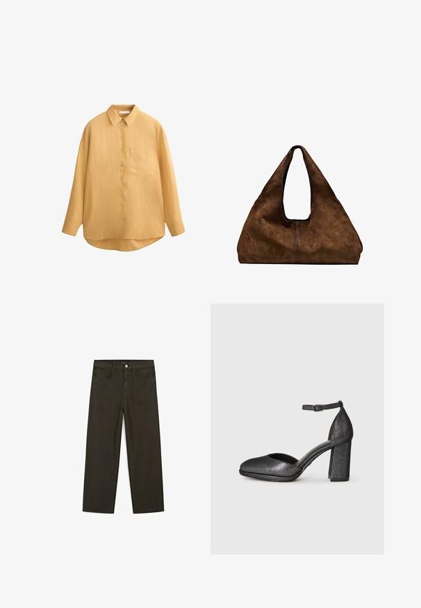 Mosterdgele button-up shirt met een kraag, lange mouwen, textuurstof en een enkele borstzak; afgeronde onderrand en schelpenknopen.; Donkergroene wijde jeans van een katoenmix, met een sluiting met een voorste knop, vijf zakken en klassieke denimstiksels.; Zwarte gestructureerde hak schoen met een ronde neus, enkelbandje en een blokhak. Het materiaal heeft een lichte glans en een gladde afwerking.; Bruine suède schoudertas met een open bovenkant. Heeft een diepe, brede vorm, een uitsnijdend handvat en een minimale stiksels voor een strak ontwerp.