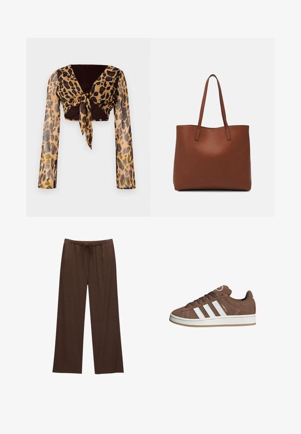 Leopardenmuster-Cropped-Top mit langen transparenten Ärmeln und einem braunen Bindeband in der Taille. Glattes, leichtes Material mit einer figurbetonten Passform.; Braune weite Hosen aus weichem Stoff, mit einem elastischen Bund und Kordelzug sowie zwei Seitentaschen.; Braune Wildledersneaker mit weißen Lederstreifen, Gummisohle, gerundetem Zehenbereich und Schnürung. Mit einem Logo auf der Zunge und perforierten Akzenten.; Braune Leder-Tote mit glatter Textur, offenem Oberteil und zwei Schulterriemen. Verfügt über minimale Nähte und keine sichtbaren Beschläge.