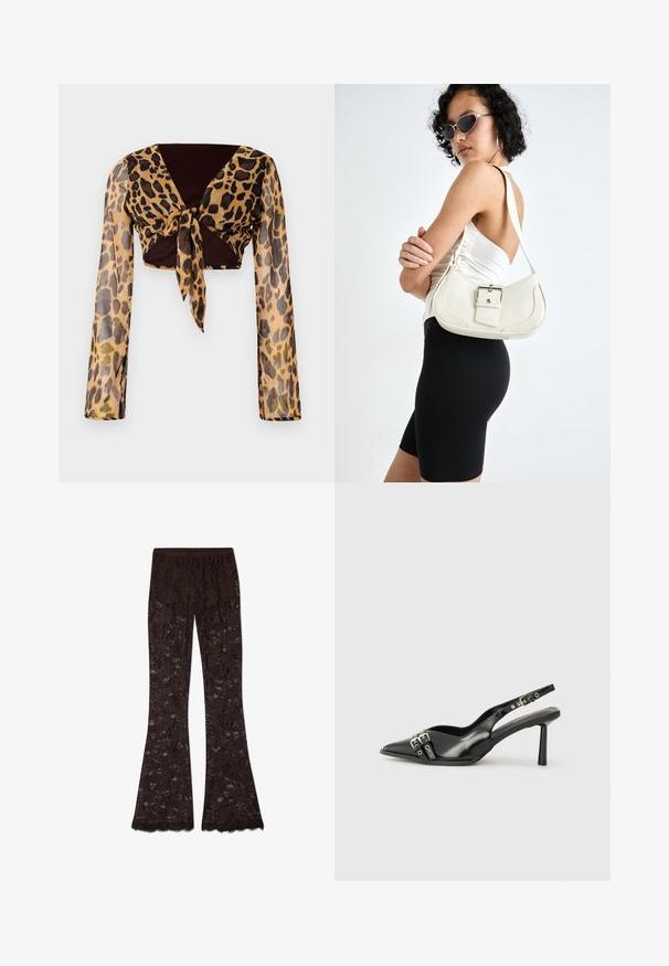 Leopardmønstret kort topp med lange gjennomsiktige ermer og en brun knytefinesse i livet. Glatt, lett stoff med en tettsittende design.; Brune blondebukser med blomstermønster, med en teksturert finish og en frynsete kant nederst. Elastisk midjebånd.; Sorte patentlær slingback-sko med spiss tå, ankelremmer med sølvspenner og detaljer, og en slank hæl.; Hvit lær håndveske med en buet form, justerbar stropp og en liten spenne-detalj. Modellen har på seg en tettsittende svart antrekk.