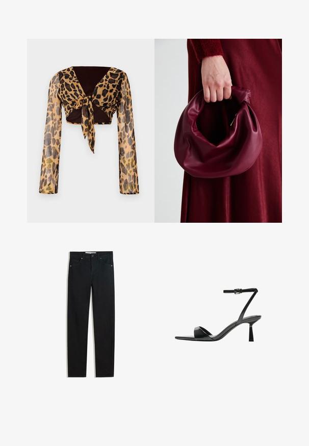 Leopárd mintás, rövidített felső hosszú átlátszó ujjal és barna megkötő részlettel a deréknál. Simább, könnyű anyag, testhez álló fazonnal.; Fekete farmernadrág egyenes szárú fazonnal, öt zsebbel, fémből készült gombzárral és diszkrét varrási részletekkel. Sima textura.; Bershka Magas sarkú szandálok - black; Burgundi bőrtáska puhán ráncolt dizájnnal és kerek alakban. A fogantyú rögzítve van, sima textúrával rendelkezik.