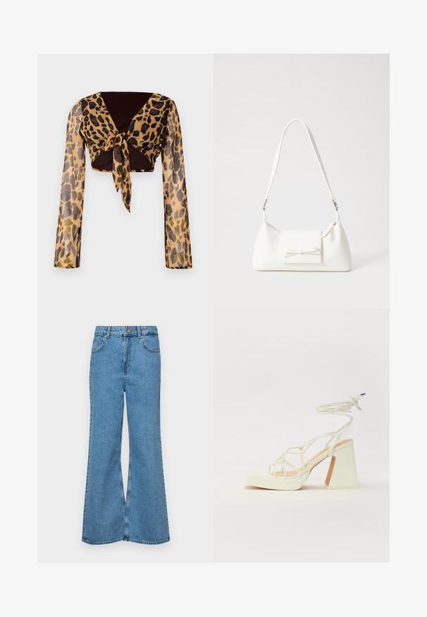 Leopard print cropped top with long transparent sleeves and a brown tie detail at the waist. Smooth, lightweight fabric with a fitted design.; Light blue flared jeans made of denim, featuring a high waist, five pockets, and a single button closure. Soft texture with faded finish.; White high-heeled sandal with a chunky heel, featuring a strappy design and ankle tie. Smooth texture with a platform front for added height.; White synthetic handbag with a triangular shape, flat front flap and bow detail, adjustable strap, smooth texture, and minimalistic design.