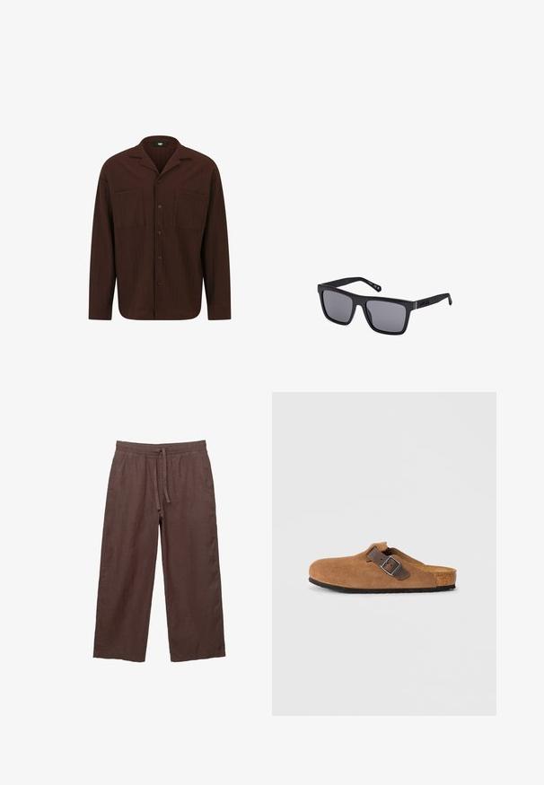 Hnedá košeľa na gombíky z textúrovanej tkaniny, s golierom, dvoma prednými vreckami a rovnom lemovaním s dlhými rukávmi.; Čierne polo tričko s krátkymi rukávmi, zdobené textúrovaným pleteným vzorom, s tri gombíkmi na zapínanie a klasickým golierom.; Hnedé ľanové nohavice s širokými nohavicami a šnúrkou v páse, s dvoma bočnými vreckami a ľahkým, štruktúrovaným materiálom.; Hnedé semišové klobúky s nastaviteľným hnedým koženým remienkom a striebornou sponou, s tvarovanou korkovou stielkou a textúrovanou gumovou podrážkou.; Čierne obdĺžnikové slnečné okuliare s tmavými sklami, matným povrchom a logom na spánku. Dizajn má rovné hrany a hrubé rámy.